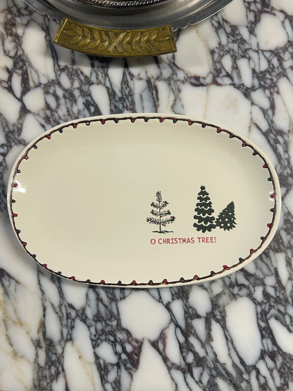 Holiday Oval Serving Tray - Cream with Green & Red Tree Motif